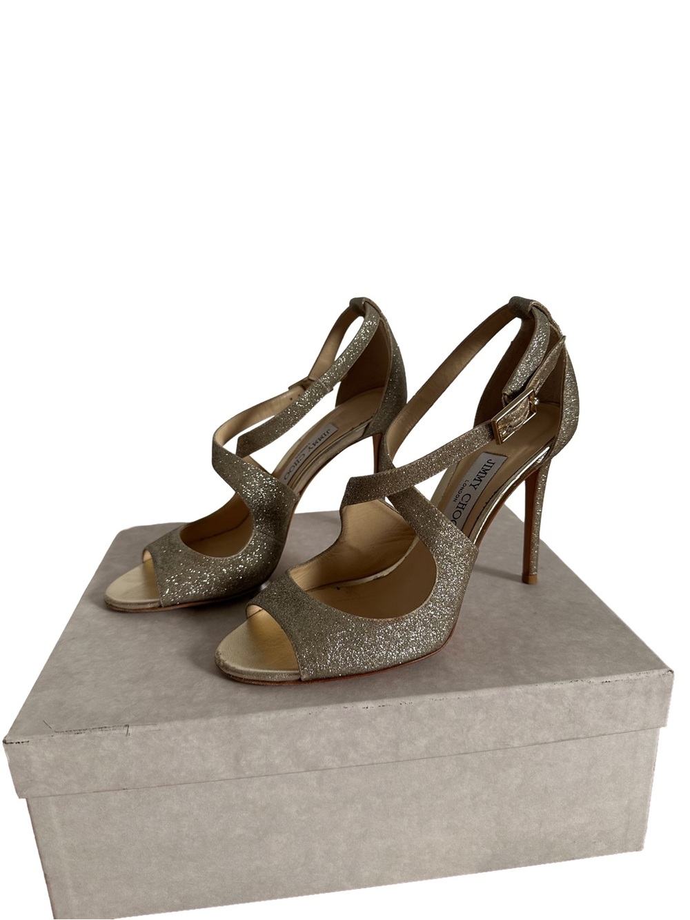 Jimmy Choo Gold Glitter Crisscross Peep-Toe Heels